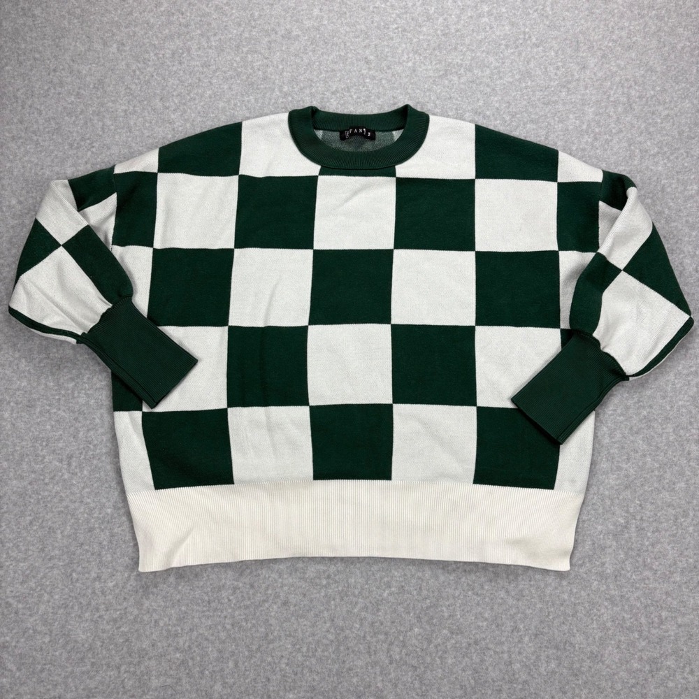 EFAN Checkerboard Knit Sweater Womens M Green White Oversized Retro Pullover